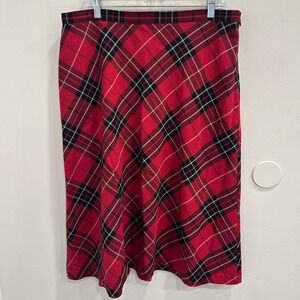 Red Plaid Tartan Midi Skirt Bias Cut A-Line Red Black White Classic Preppy Sz 14